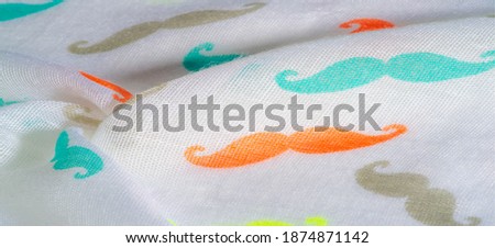 white silk fabric with painted cartoon mustache, red, white, blue and yellow mustache. Texture, background, pattern