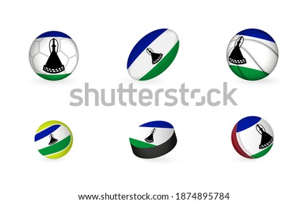 Sports equipment with flag of Lesotho. Sports icon set of Football, Rugby, Basketball, Tennis, Hockey, Cricket.