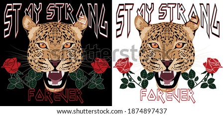 Retro rock and roll slogan print with leopard head and red roses illustration - Vintage punk graphic vector pattern for tee - t shirt