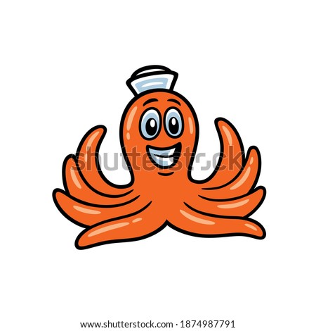 Vector illustration of a little octopus with a sailor hat and very happy, in cartoon style, orange color and black borderlines. To use like mascot, logo or design element.