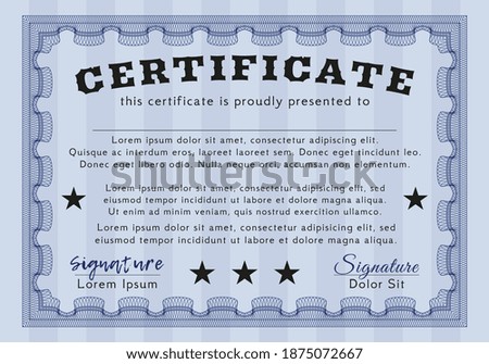 Certificate of achievement with Money design.  With great quality Detailed guilloche pattern. Blue color.