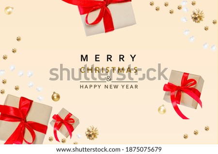 Christmas background. Christmas sparkling design with garland, gift box, shiny golden confetti, Pine cones. Happy New Year poster, postcard, banner. Top view flat design. Festive composition