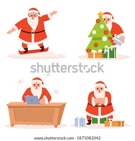 Santa Claus set on a white background. Santa collection for Christmas and New Year. Santa is dressing up the Christmas tree, on computer, snowboarding . Vector illustration