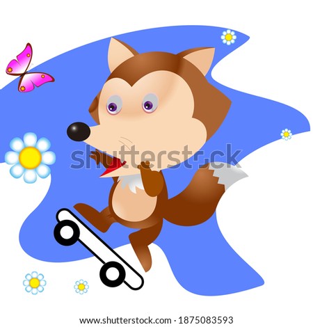 Fox riding a sketchboard playing with butterflies, cartoon-style animal on blue background, vector illustration design, can be used for t-shirt printing, children's fashion design, comics, dolls etc.