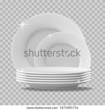 Realistic plate stack. Clean dishes, stacked kitchen tableware for dishwasher. Stack of clean washed food plates, tableware vector illustration. Porcelain crockery plate, detailed kitchen closeup utensil Royalty-Free Stock Photo #1875085756