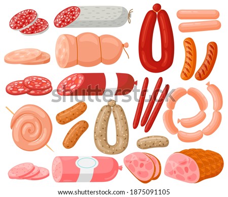 Meat sausages. Cartoon chicken, pork, beef sausages and salami sausages, grocery meat hot dogs. Sausages assortment vector illustration set. Ingredient slice, cooking salami, barbecue delicatessen Royalty-Free Stock Photo #1875091105