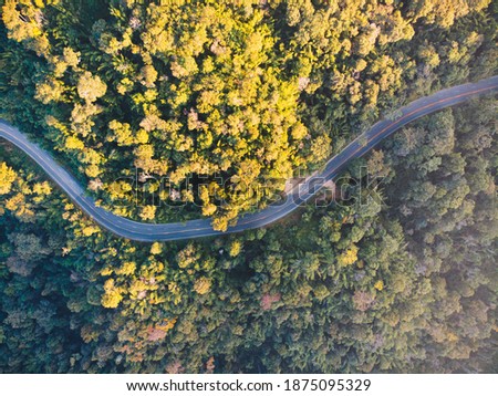 Adventure curve highway road on mountain surround by green forest aerial drone shot nothern of Thailand