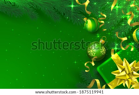 Merry Christmas Happy New Year tree with toys, card banner. Vector illustration