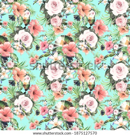 Seamless floral pattern lovely flowers drawn by paints on paper. 