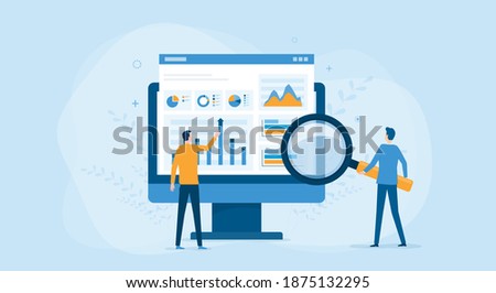 flat vector business people working for data analytics and monitoring on web report dashboard monitor and business finance investment concept Royalty-Free Stock Photo #1875132295
