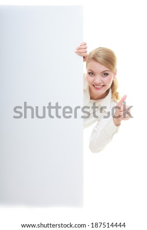 Happy bussiness woman with blank presentation board. Girl holds banner sign billboard copy space for text making thumb up gesture. Isolated on white background.
