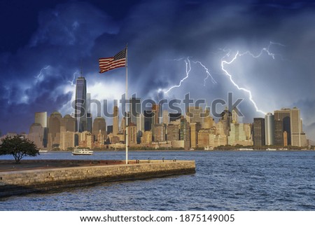 Downtown Manhattan skyline under a coming storm, New York City - USA.