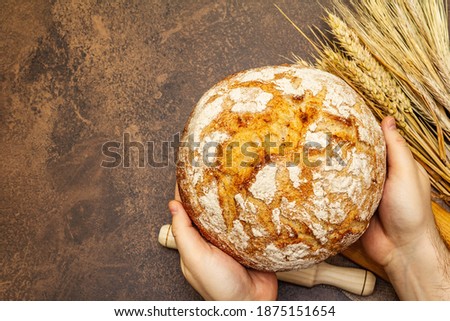 Male hands are holding freshly baked bread. Wheat ears, wooden rolling pins and a bowls of flour and grain. Stone concrete background, top view