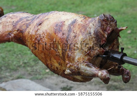 A roast lamb on a spit on the fire, picture in the garden