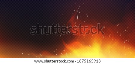 Fire with sparkles and smoke isolated on transparent background. Vector realistic heat effect, blaze with flying sparks and burning particles from fireplace, ignition or blacksmith stove