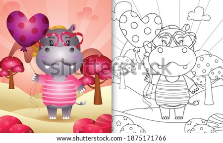 coloring book for kids with a cute hippo holding balloon themed valentine day