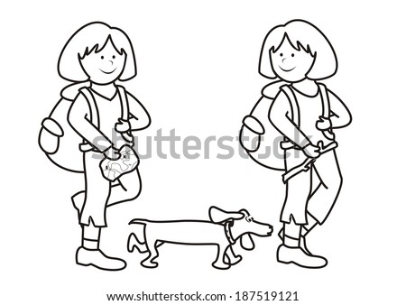 girls and dog - coloring book, vector illustration
