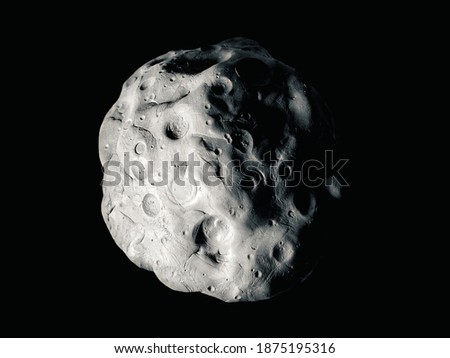 Asteroid surface with craters, rocky small planet, stone satellite on a black background.