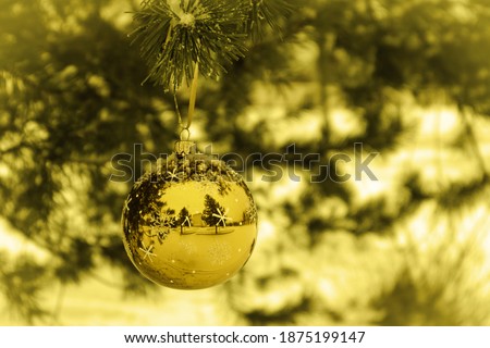 Christmas ball on a pine branch, side view, tinted yellow, space for text
