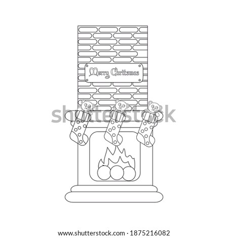 Christmas fireplace with socks waiting for santa claus arrival. Vector illustration