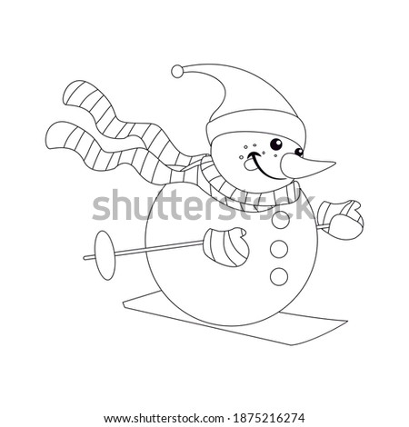 Happy christmas snowman cartoon on a ski. Vector illustration