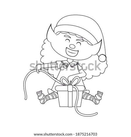 Happy christmas elf cartoon with a present. Vector illustration