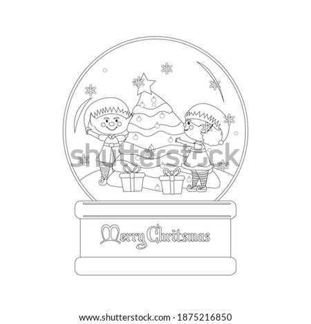 Happy christmas elves on a snowball with a christmas tree. Vector illustration