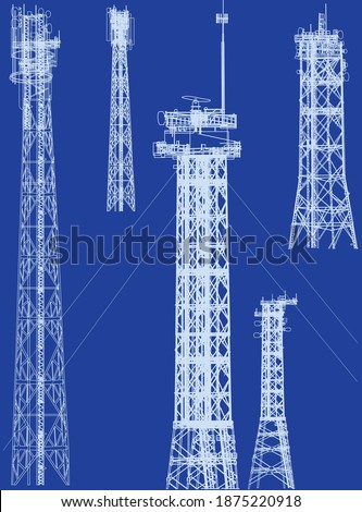 illustration with set of antenna silhouettes isolated on blue background