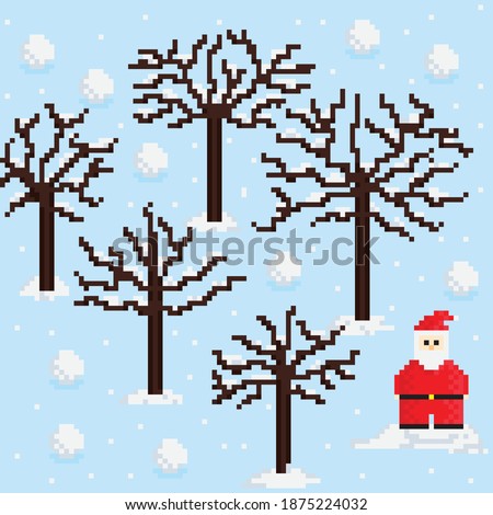Christmas tree and Santa Claus pixel art. Vector illustration. Pine forest pattern.