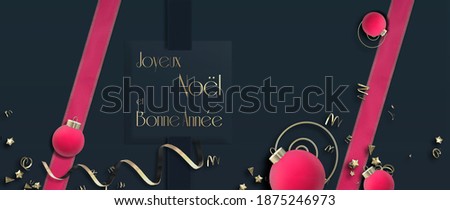 French Christmas holiday wishes. Pink realistic 3D Xmas ball, gold confetti, gold text Merry Christmas Happy New Year in French language Joyeux Noel et Bonne Annee over dark blue. Horizontal 3D render