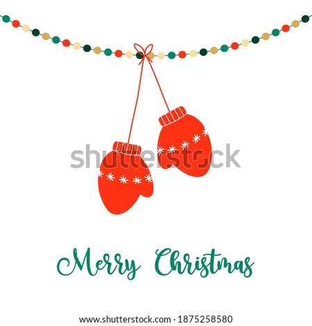 Cute Christmas Mittens Hanging from String Lights Flat Vector Illustration.Merry Christmas Illustration.