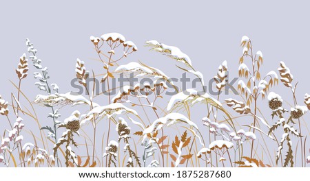 Seamless horizontal border with winter snow covered meadow plants. Wild herbs, cereals under the snow on gray background. Winter scenery pattern with simple dried grass in row vector flat illustration
