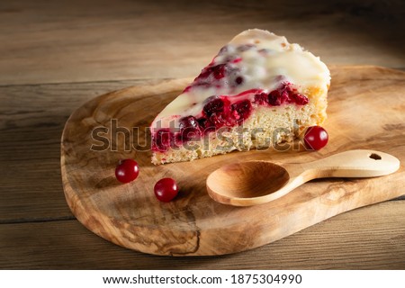 Homemade cake with cranberries and sour cream. Piece of pie close up