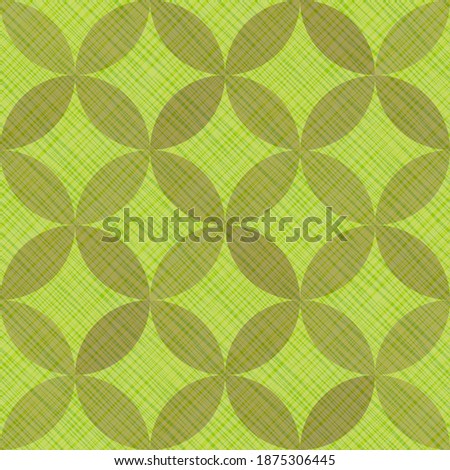 Interlacing circles parts abstract seamless vector pattern. Guatrefoil flower green gothic endless ornament. Circle elements repeating fabric print. Geometric mosaic motifs.