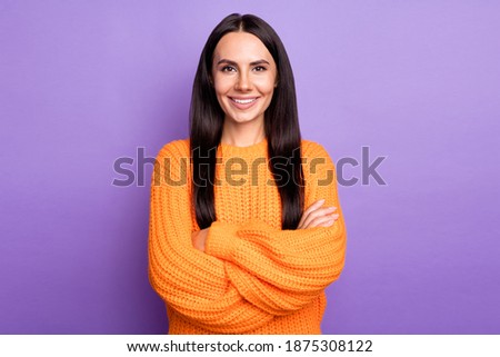 Photo of charming lady folded arms toothy smile wear warm sweater isolated on violet color background