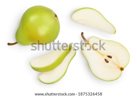 Green pear fruit with half and slices isolated on white background with clipping path. Top view. Flat lay Royalty-Free Stock Photo #1875326458