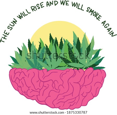 illustration of brain with weedy leaf and sunrise in vector