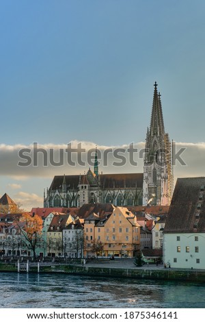 View of Regensburg Cathedral and the Danube in Regensburg, Bavaria, Germany Royalty-Free Stock Photo #1875346141