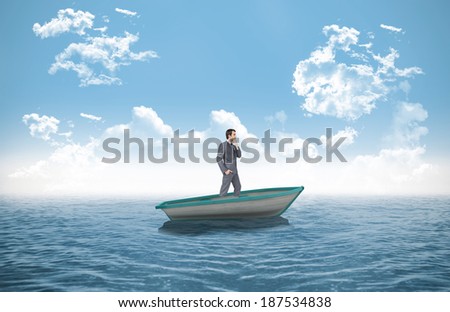Composite image of thinking businessman in a sailboat in the ocean
