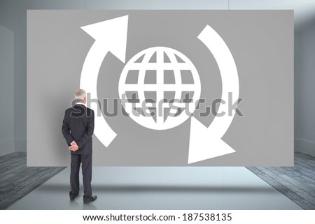 Composite image of rear view of mature businessman posing against grey card