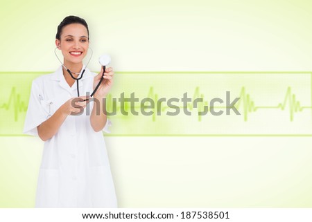 Pretty nurse listening with stethoscope against medical background with green ecg line