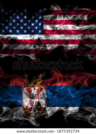 United States of America, America, US, USA, American vs Serbia, Serbian smoky mystic flags placed side by side. Thick colored silky abstract smoke flags