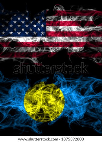 United States of America, America, US, USA, American vs Palau smoky mystic flags placed side by side. Thick colored silky abstract smoke flags