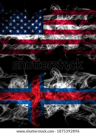 United States of America, America, US, USA, American vs Faroe Islands, Faroese smoky mystic flags placed side by side. Thick colored silky abstract smoke flags