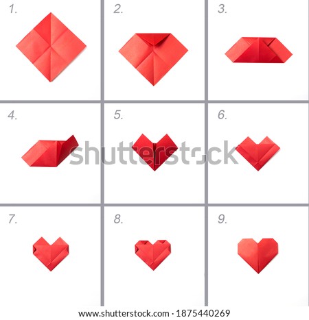 Instructions step by step. Do it yourself at home. Paper heart origami. DIY for Valentines day. Photo instruction collage