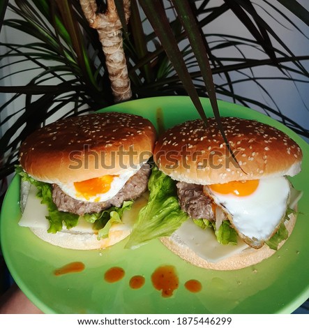 Lunch time with two delicious cheeseburgers with fried eggs and hot sauce on the dish, next to a dracaena marginata plant