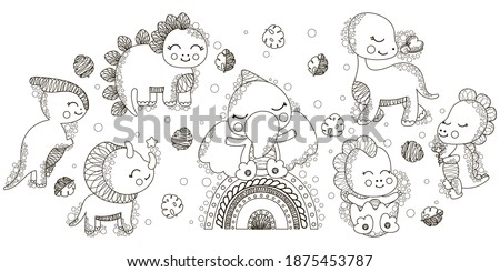 Set of black and white cute cartoon joyful kawaii dinosaurs and monstera leaves. Isolated contour clip-art for children and toddlers. For nursery decor, coloring book and page, digital stamps. Vector.