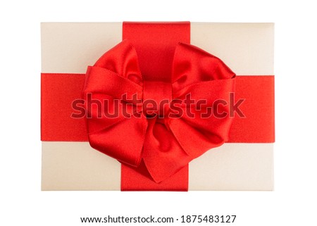 Valentine day gift box, with red silk heart shape ribbon bow isolated on white background love concept