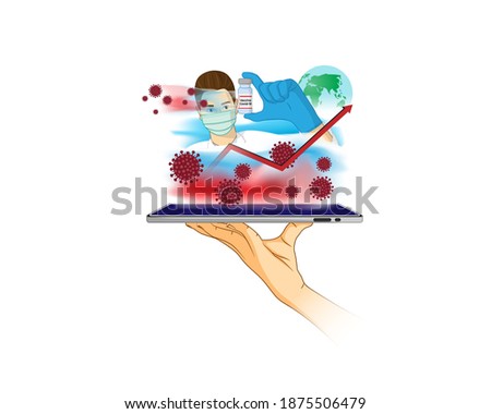 Vector illustration of tablet in hand showing Covid-19 Second wave concept, doctor with vaccine, global Coronavirus outbreak. Prevention and precaution of disease.