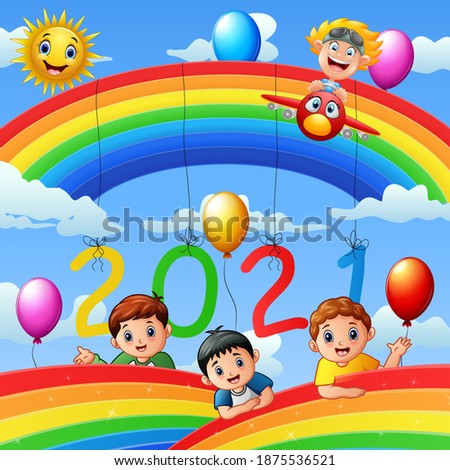 2021 New Year design card with kids on blue sky background